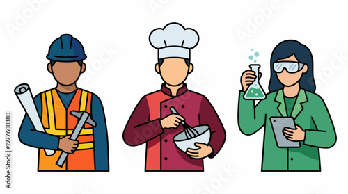 A diverse trio of professionals, including a construction worker, chef, and scientist, is illustrated in a flat style, celebrating the variety and contributions of different professions.