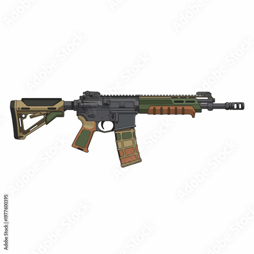 A creatively designed modern assault rifle in a stylized illustration showcases detailed craftsmanship and a blend of functionality with an artistic interpretation on a clean background.