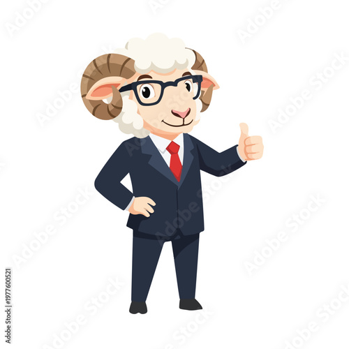 Professional ram character in business suit giving thumbs up gesture.