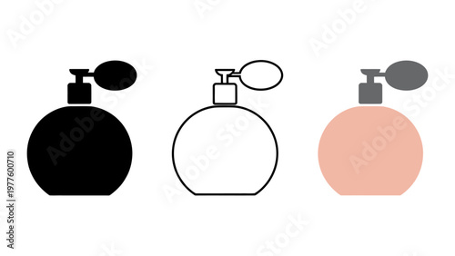 Set of three perfume bottle icons with atomizer bulb isolated on white background