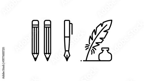 Writing tool icons featuring pencil, pen, and quill with inkwell, isolated on white background