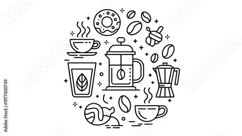 Coffee line art illustration with french press, moka pot, cups and beans isolated on white background