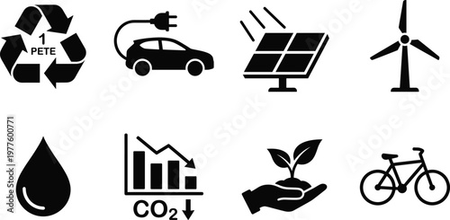 Eco Friendly Sustainability Icon Set Featuring Renewable Energy, Electric Car, Recycling, Water Conservation, Green Power, Carbon Reduction, and Sustainable Lifestyle.