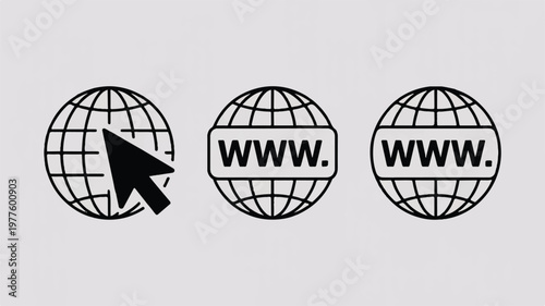 black and white globe icons with web addresses and a cursor  web design elements