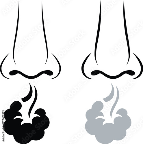Nose icons set showing breathing air and smelling aroma scent clouds vector illustration