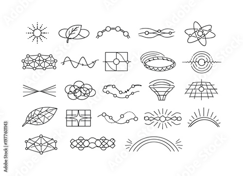 Line style icons of coherent-light plant energy: photon intake dot, leaf resonance loop, pigment chain arc, exciton drift band,