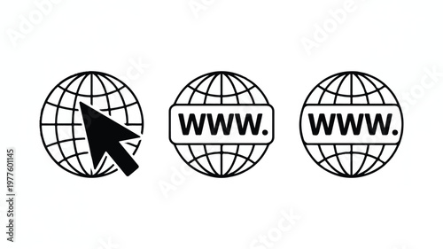 Black and white globe icons with web addresses on white background