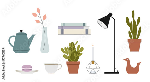 Assorted Home Decor Objects Arrangement Featuring Plants.