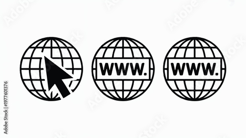 Black and white globe icons with www text and cursor on white background