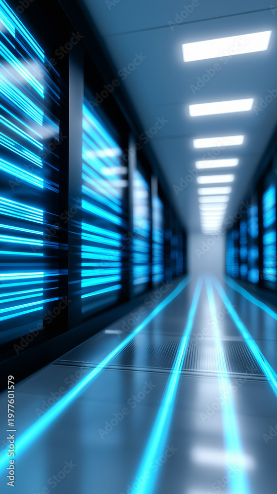 Fototapeta premium Futuristic data center corridor with glowing lines representing high-speed technology and digital infrastructure.