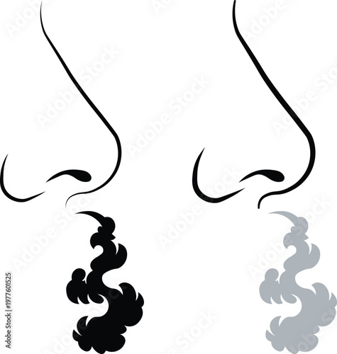 Human nose breathing air and smelling aroma clouds vector illustration isolated on white