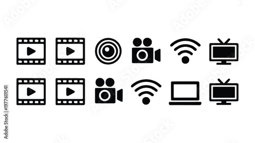 black and white icons of video and photo recording devices and broadcasting symbols