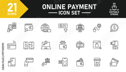 Online payment line icon set. Set of 21 outline icons related to e-wallets, credit and debit cards, cashless, e-money, internet banking, bank transfer and others. Editable stroke. Vector illustration.