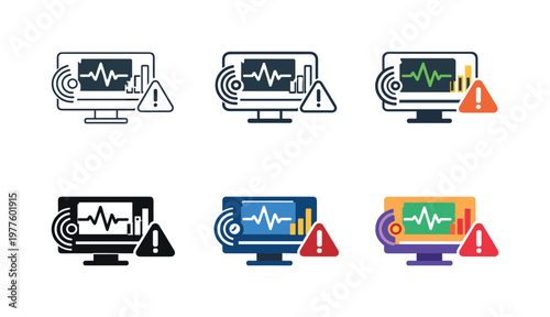 Live data monitoring icon depicting screens, graphs, sensors, and alert symbols representing continuous real-time tracking,