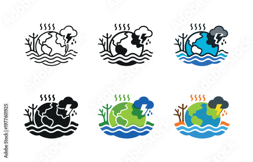 Global environmental risk icon depicting Earth with symbolic heat waves, rising seas, storms, and ecological changes representing