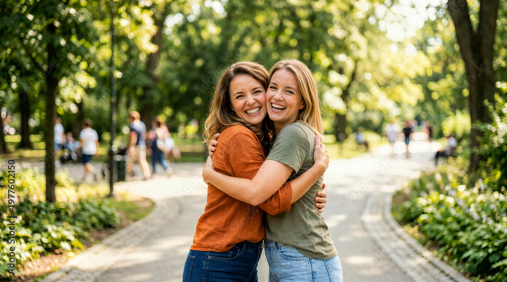 Fototapeta premium Portrait of two happy young women embracing and smiling at the camera in a sunny park. Cheerful female friends hugging outdoors on a summer day. Friendship and togetherness concept