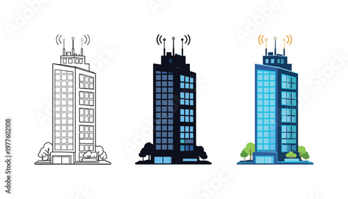 Urban Architectural Trio. City systems context depicted as a modern high-rise building with integrated antenna panels and smart