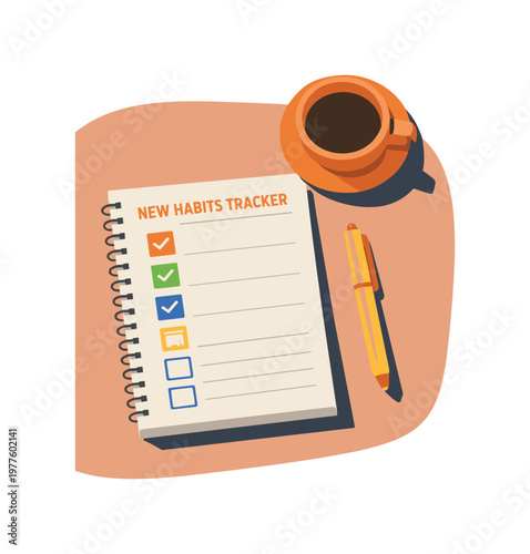 New habits tracker concept with simple notebook checklist pen and cup arranged neatly seen from top-down view, positioned in the