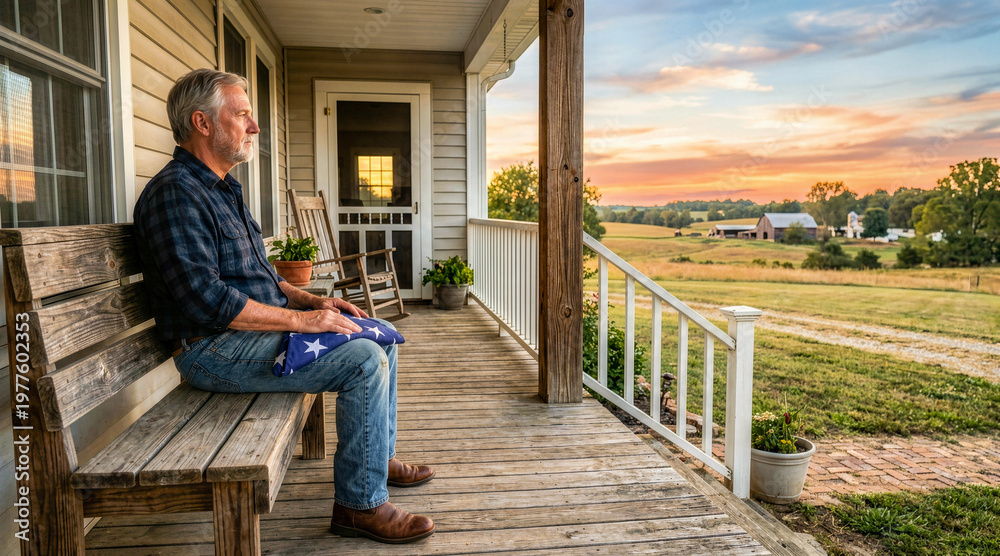 Fototapeta premium Mature veteran sitting on a porch bench holding a folded American flag at sunset. Patriotic senior man reflecting while looking at rural farm landscape. Labor Day concept