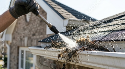 Person's gloved hand using a pressure washer to clean a dirty house gutter. Water blasting debris from residential roof drainage system.