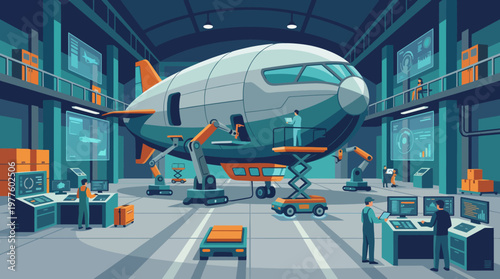 A modern aircraft manufacturing facility with advanced technology, showcasing robots and engineers collaborating to create innovative air travel solutions.
