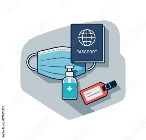 Refined contemporary travel safety essentials concept with essential passport face mask sanitizer and luggage tag subtly offset
