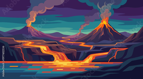 A stunning representation of an erupting volcano, flowing lava, and smoke billowing into a colorful sky, showcasing the raw power of nature and its beauty in an abstract style.