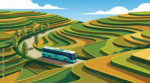 A beautifully crafted image of a bus winding through lush green hills, showcasing the serene beauty of nature along with the joy of travel and exploration in a stylized representation.