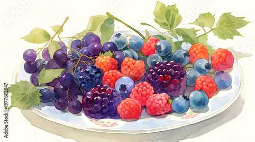 Colorful assortment of fresh berries including blueberries, raspberries, blackberries, and grapes arranged on a decorative plate with green leaves