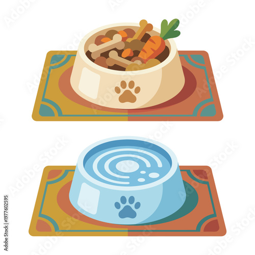 An adorable illustration of a pet's food and water bowls, emphasizing the joy of caring for pets and the nurturing relationship we have with them in a cute, colorful design.