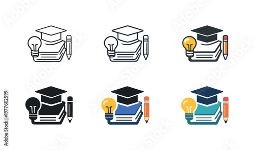 Knowledge Growth Icons Grid. Knowledge growth icon showing a stylized book, graduation cap, pencil, and light bulb representing