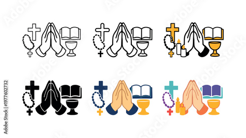 Devotional Icon Grid. Religious devotion icon depicting hands in prayer, sacred objects, candles, and religious symbols
