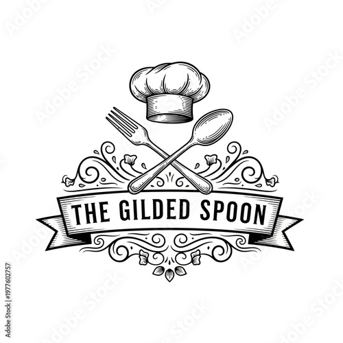 The Gilded Spoon Restaurant Logo with Chef Hat and Utensils.