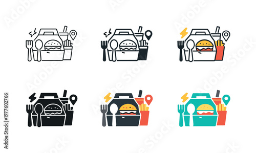 Fast food takeaway icon depicting a stylized food box, disposable utensils, and packaging symbols representing quick meals and