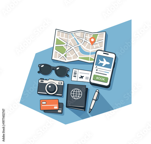 Refined contemporary city break travel planning concept with essential map phone and travel items subtly offset and aligned seen