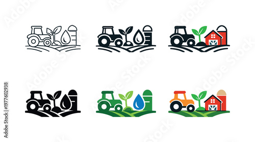 Smart Farming Icons Grid. Smart farming icon combining a tractor, plant seedling, irrigation droplet, and barn, representing