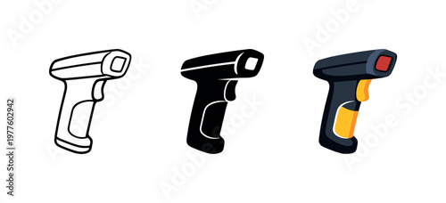 Item tracking action illustrated by a handheld barcode scanner with trigger grip and angled scan head clearly visible as one