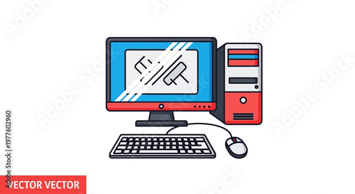 Computer monitor with blue screen and red base showing two hands shaking