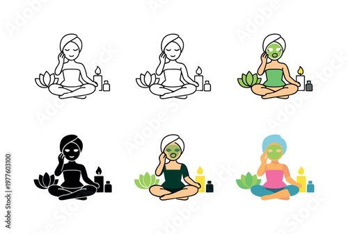 Personal care icon showing a figure performing self-care rituals such as facial treatment, meditation, and relaxation with
