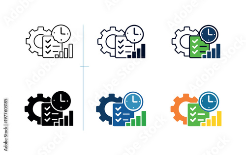 Process improvement icon combining a cogwheel, checklist, clock, and statistical chart, representing streamlined workflows and