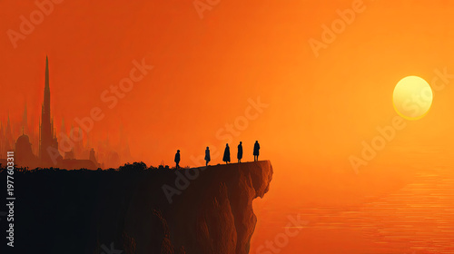Silhouetted figures standing on a cliff edge against a vibrant orange sunset with a distant city skyline featuring tall spires and reflections on the water