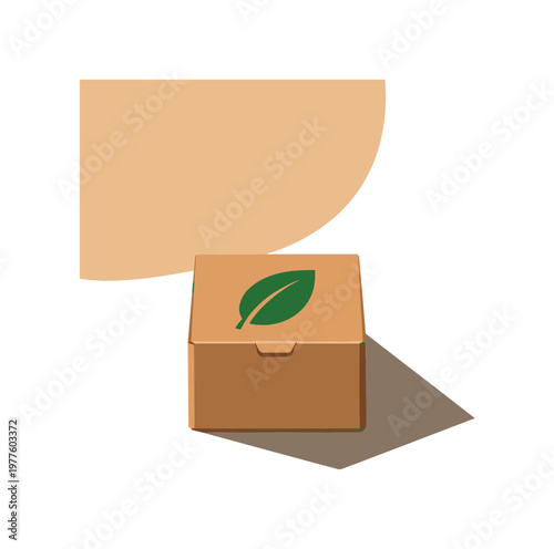 Sustainable packaging eco concept with simple recyclable box and leaf symbol arranged neatly seen from top-down view, positioned