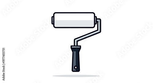 Paint roller with black handle and white roller on white background