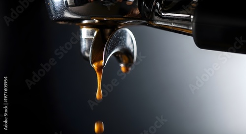 Tetesan kopi espreso kental yang diekstraksi dari portafilter mesin kopi