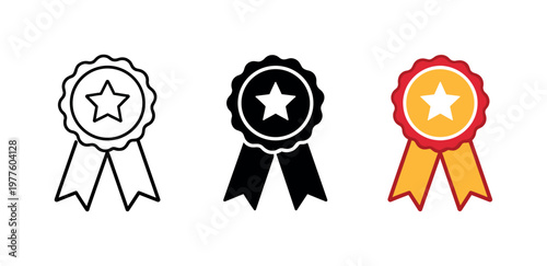 Medal Reward Symbols. Positive behavior outcome represented by a ribbon medal with circular badge and hanging tails, clearly