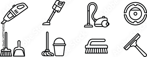Cleaning tools icon collection illustration, eight household vector symbols, vacuum broom mop brush design, creative home maintenance graphic set
