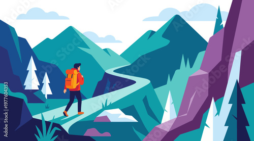 A beautiful illustration depicting a hiker exploring a stunning mountain landscape, evoking feelings of adventure, exploration, and connection with nature.