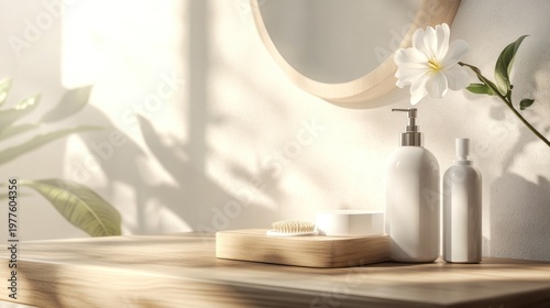 Sunlit bathroom counter with toiletries, flower, and wooden tray.
