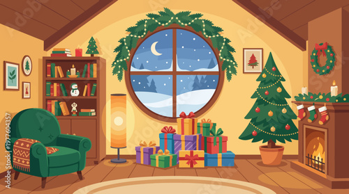 A warm and inviting illustration of a cozy living room decorated for Christmas, complete with a tree, gifts, and seasonal ornaments inspiring holiday spirit.