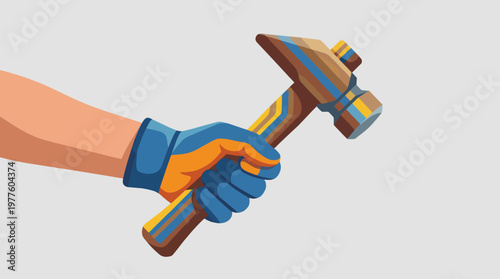 A hand wearing a blue glove gripping a stylish hammer showcasing a blend of modern art and tool functionality, making it an ideal representation of craftsmanship and creativity.